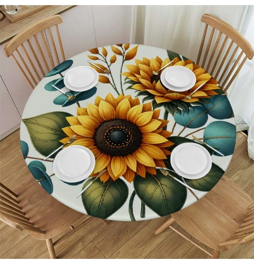 Ulloord  Round Tablecloth Fitted Table Cover with Elastic Edged Sunflower Summer Leaves Waterproof Table Cloth for Party Kitchen Dining Indoor Outdoor Table