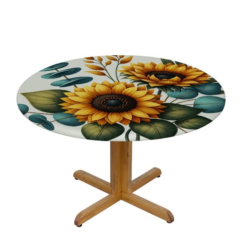 Ulloord  Round Tablecloth Fitted Table Cover with Elastic Edged Sunflower Summer Leaves Waterproof Table Cloth for Party Kitchen Dining Indoor Outdoor Table