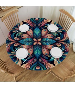 Ulloord Round Tablecloth Fitted Table Cover with Elastic Edged Peacock Feathers Waterproof Table Cloth for Party Kitchen Dining Indoor Outdoor Table