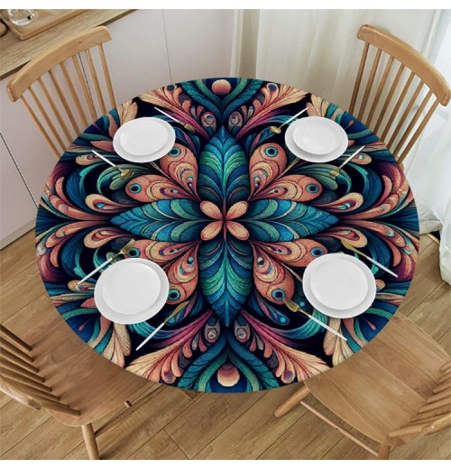 Ulloord Round Tablecloth Fitted Table Cover with Elastic Edged Peacock Feathers Waterproof Table Cloth for Party Kitchen Dining Indoor Outdoor Table