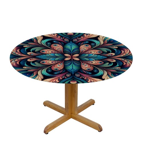 Ulloord Round Tablecloth Fitted Table Cover with Elastic Edged Peacock Feathers Waterproof Table Cloth for Party Kitchen Dining Indoor Outdoor Table