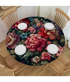 Ulloord  Round Tablecloth Fitted Table Cover with Elastic Edged Floral Flowers Pattern Waterproof Table Cloth for Party Kitchen Dining Indoor Outdoor Table