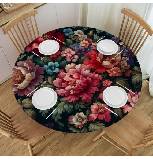 Ulloord  Round Tablecloth Fitted Table Cover with Elastic Edged Floral Flowers Pattern Waterproof Table Cloth for Party Kitchen Dining Indoor Outdoor Table