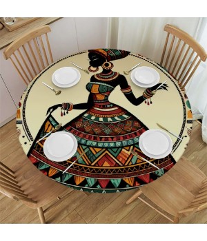 Ulloord  Round Tablecloth Fitted Table Cover with Elastic Edged African Women Print Waterproof Table Cloth for Party Kitchen Dining Indoor Outdoor Table