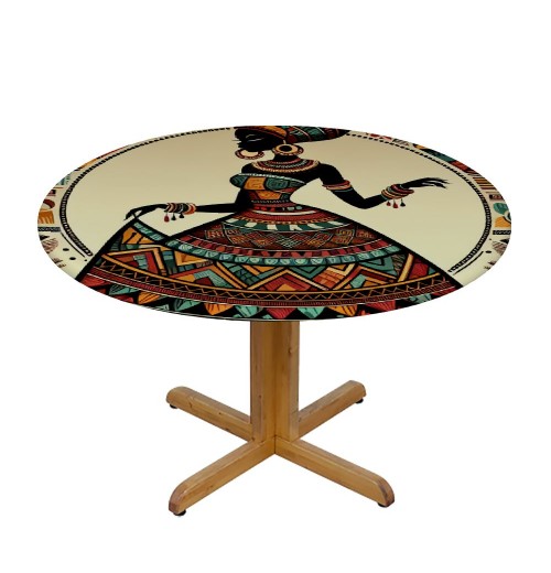 Ulloord  Round Tablecloth Fitted Table Cover with Elastic Edged African Women Print Waterproof Table Cloth for Party Kitchen Dining Indoor Outdoor Table