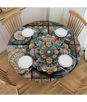 Ulloord Round Tablecloth Fitted Table Cover with Elastic Edged Flower Pattern Waterproof Table Cloth for Party Kitchen Dining Indoor Outdoor Table