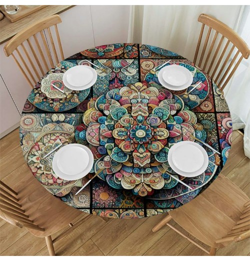 Ulloord Round Tablecloth Fitted Table Cover with Elastic Edged Flower Pattern Waterproof Table Cloth for Party Kitchen Dining Indoor Outdoor Table