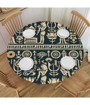 Ulloord  Round Tablecloth Fitted Table Cover with Elastic Edged Vintage Egypt Totem Waterproof Table Cloth for Party Kitchen Dining Indoor Outdoor Table