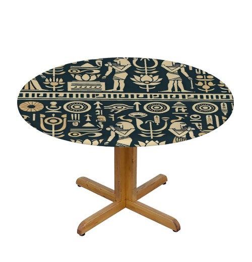 Ulloord  Round Tablecloth Fitted Table Cover with Elastic Edged Vintage Egypt Totem Waterproof Table Cloth for Party Kitchen Dining Indoor Outdoor Table