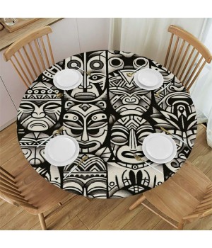 Ulloord  Round Tablecloth Fitted Table Cover with Elastic Edged Vintage African Totem Waterproof Table Cloth for Party Kitchen Dining Indoor Outdoor Table