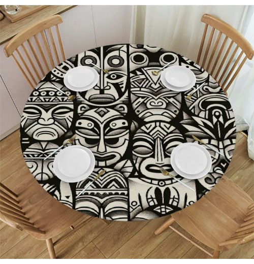 Ulloord  Round Tablecloth Fitted Table Cover with Elastic Edged Vintage African Totem Waterproof Table Cloth for Party Kitchen Dining Indoor Outdoor Table