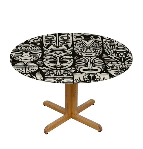 Ulloord  Round Tablecloth Fitted Table Cover with Elastic Edged Vintage African Totem Waterproof Table Cloth for Party Kitchen Dining Indoor Outdoor Table