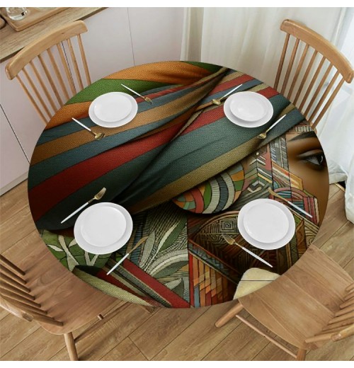 Ulloord  Round Tablecloth Fitted Table Cover with Elastic Edged African Girl Pattern Waterproof Table Cloth for Party Kitchen Dining Indoor Outdoor Table