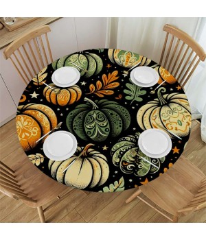 Ulloord  Round Tablecloth Fitted Table Cover with Elastic Edged Halloween Pumpkins Pattern Waterproof Table Cloth for Party Kitchen Dining Indoor Outdoor Table