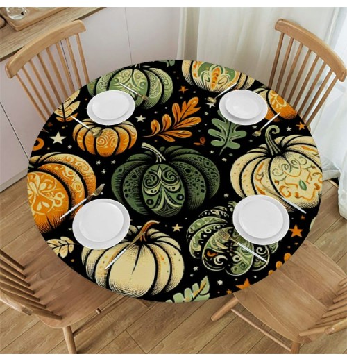 Ulloord  Round Tablecloth Fitted Table Cover with Elastic Edged Halloween Pumpkins Pattern Waterproof Table Cloth for Party Kitchen Dining Indoor Outdoor Table