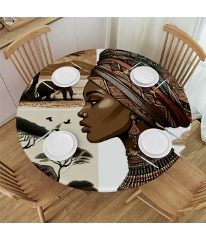 Ulloord  Round Tablecloth Fitted Table Cover with Elastic Edged African Woman Elephant Waterproof Table Cloth for Party Kitchen Dining Indoor Outdoor Table