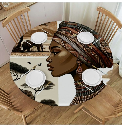 Ulloord  Round Tablecloth Fitted Table Cover with Elastic Edged African Woman Elephant Waterproof Table Cloth for Party Kitchen Dining Indoor Outdoor Table