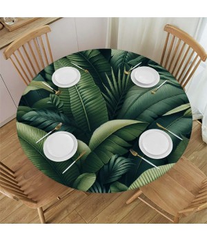Ulloord Round Tablecloth Fitted Table Cover with Elastic Edged Tropical Plant Palm Leaves Waterproof Table Cloth for Party Kitchen Dining Indoor Outdoor Table