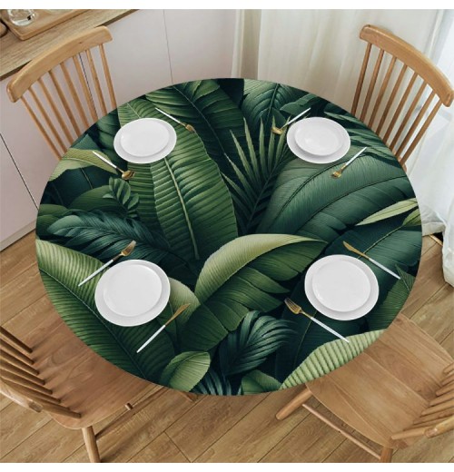 Ulloord Round Tablecloth Fitted Table Cover with Elastic Edged Tropical Plant Palm Leaves Waterproof Table Cloth for Party Kitchen Dining Indoor Outdoor Table