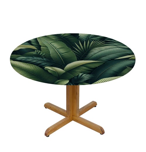 Ulloord Round Tablecloth Fitted Table Cover with Elastic Edged Tropical Plant Palm Leaves Waterproof Table Cloth for Party Kitchen Dining Indoor Outdoor Table