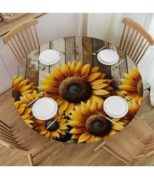 Ulloord Round Tablecloth Fitted Table Cover with Elastic Edged Tropical Sunflower Floral Wood Waterproof Table Cloth for Party Kitchen Dining Indoor Outdoor Table