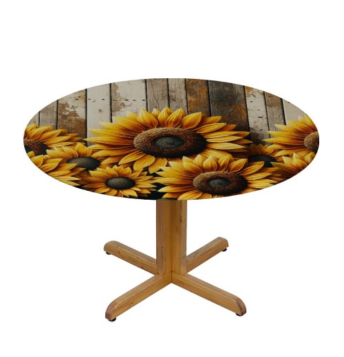 Ulloord Round Tablecloth Fitted Table Cover with Elastic Edged Tropical Sunflower Floral Wood Waterproof Table Cloth for Party Kitchen Dining Indoor Outdoor Table