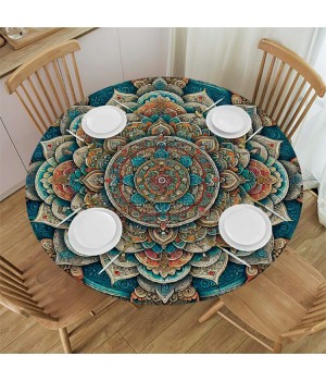 Ulloord Round Tablecloth Fitted Table Cover with Elastic Edged Ethnic Boho Waterproof Table Cloth for Party Kitchen Dining Indoor Outdoor Table