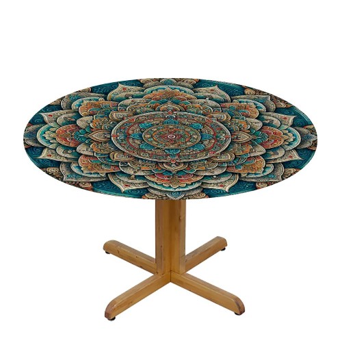 Ulloord Round Tablecloth Fitted Table Cover with Elastic Edged Ethnic Boho Waterproof Table Cloth for Party Kitchen Dining Indoor Outdoor Table