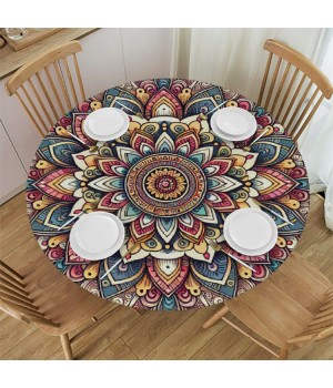 Ulloord Round Tablecloth Fitted Table Cover with Elastic Edged Ethnic Retro Pattern Waterproof Table Cloth for Party Kitchen Dining Indoor Outdoor Table