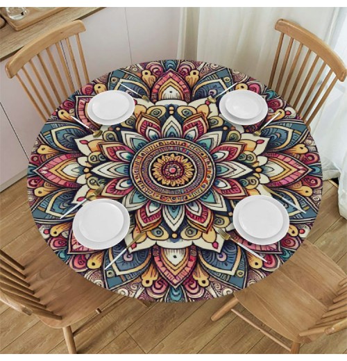 Ulloord Round Tablecloth Fitted Table Cover with Elastic Edged Ethnic Retro Pattern Waterproof Table Cloth for Party Kitchen Dining Indoor Outdoor Table