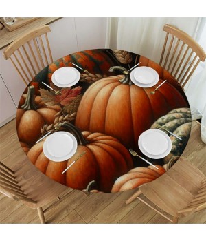 Ulloord Round Tablecloth Fitted Table Cover with Elastic Edged Pumpkins Thanksgiving Waterproof Table Cloth for Party Kitchen Dining Indoor Outdoor Table