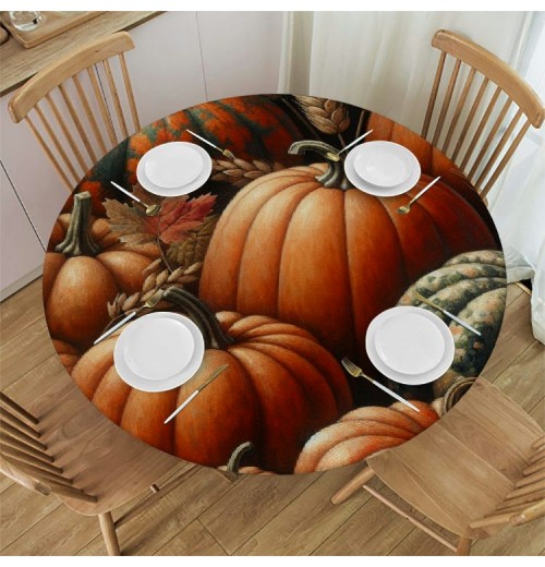 Ulloord Round Tablecloth Fitted Table Cover with Elastic Edged Pumpkins Thanksgiving Waterproof Table Cloth for Party Kitchen Dining Indoor Outdoor Table