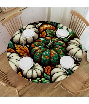 Ulloord  Round Tablecloth Fitted Table Cover with Elastic Edged Pumpkins Autumn Thanksgiving Waterproof Table Cloth for Party Kitchen Dining Indoor Outdoor Table