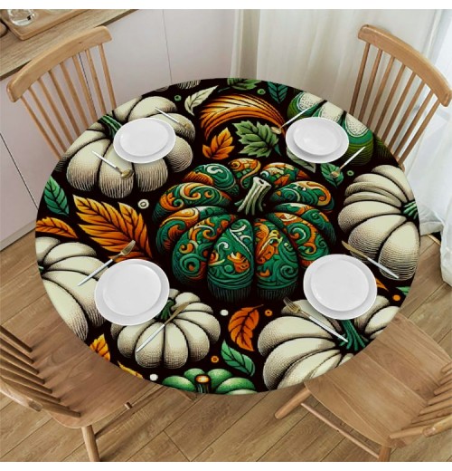 Ulloord  Round Tablecloth Fitted Table Cover with Elastic Edged Pumpkins Autumn Thanksgiving Waterproof Table Cloth for Party Kitchen Dining Indoor Outdoor Table