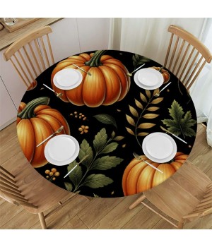 Ulloord  Round Tablecloth Fitted Table Cover with Elastic Edged Thanksgiving Pumpkin Pattern Waterproof Table Cloth for Party Kitchen Dining Indoor Outdoor Table