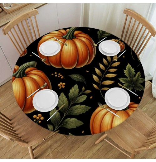 Ulloord  Round Tablecloth Fitted Table Cover with Elastic Edged Thanksgiving Pumpkin Pattern Waterproof Table Cloth for Party Kitchen Dining Indoor Outdoor Table