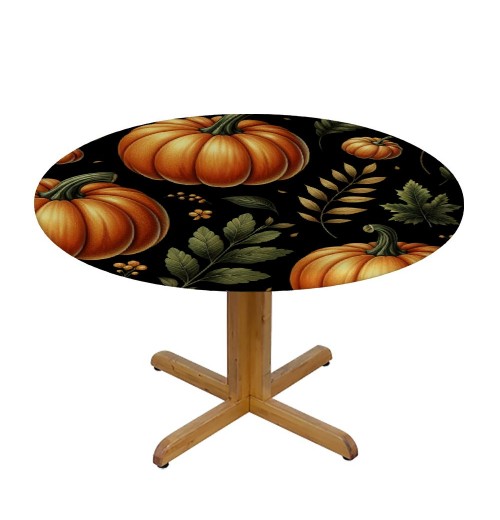 Ulloord  Round Tablecloth Fitted Table Cover with Elastic Edged Thanksgiving Pumpkin Pattern Waterproof Table Cloth for Party Kitchen Dining Indoor Outdoor Table