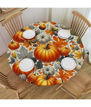 Ulloord  Round Tablecloth Fitted Table Cover with Elastic Edged Pumpkin Leaves Pattern Waterproof Table Cloth for Party Kitchen Dining Indoor Outdoor Table