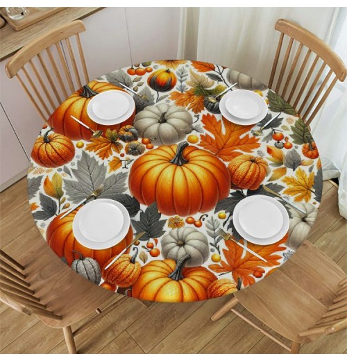 Ulloord  Round Tablecloth Fitted Table Cover with Elastic Edged Pumpkin Leaves Pattern Waterproof Table Cloth for Party Kitchen Dining Indoor Outdoor Table