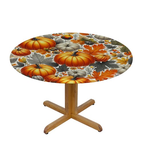 Ulloord  Round Tablecloth Fitted Table Cover with Elastic Edged Pumpkin Leaves Pattern Waterproof Table Cloth for Party Kitchen Dining Indoor Outdoor Table