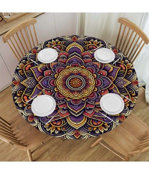 Ulloord Round Tablecloth Fitted Table Cover with Elastic Edged Floral Pattern Waterproof Table Cloth for Party Kitchen Dining Indoor Outdoor Table