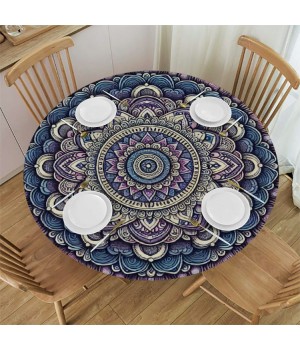 Ulloord Round Tablecloth Fitted Table Cover with Elastic Edged Ethnic  Waterproof Table Cloth for Party Kitchen Dining Indoor Outdoor Table