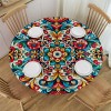 Ulloord Round Tablecloth Fitted Table Cover with Elastic Edged Ethnic Ceramic Waterproof Table Cloth for Party Kitchen Dining Indoor Outdoor Table