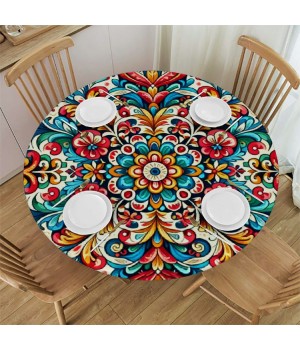 Ulloord Round Tablecloth Fitted Table Cover with Elastic Edged Ethnic Ceramic Waterproof Table Cloth for Party Kitchen Dining Indoor Outdoor Table