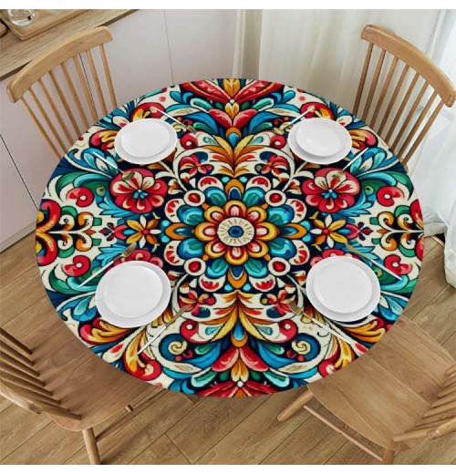 Ulloord Round Tablecloth Fitted Table Cover with Elastic Edged Ethnic Ceramic Waterproof Table Cloth for Party Kitchen Dining Indoor Outdoor Table