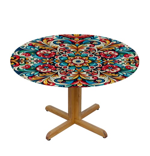 Ulloord Round Tablecloth Fitted Table Cover with Elastic Edged Ethnic Ceramic Waterproof Table Cloth for Party Kitchen Dining Indoor Outdoor Table