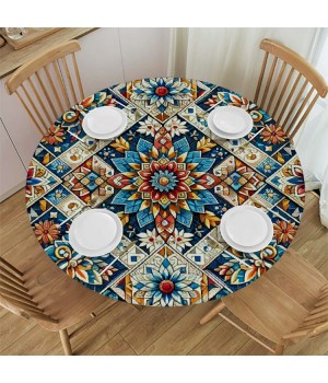 Ulloord Round Tablecloth Fitted Table Cover with Elastic Edged Mexican Ceramictile Vibrant Waterproof Table Cloth for Party Kitchen Dining Indoor Outdoor Table