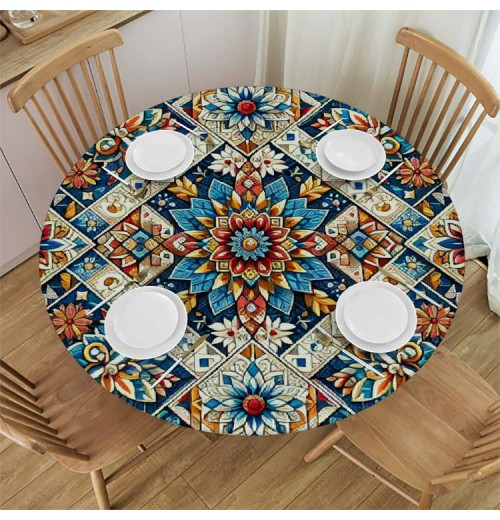 Ulloord Round Tablecloth Fitted Table Cover with Elastic Edged Mexican Ceramictile Vibrant Waterproof Table Cloth for Party Kitchen Dining Indoor Outdoor Table