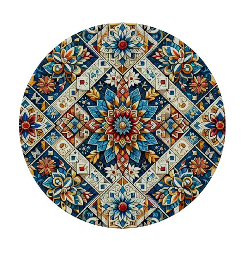 Ulloord Round Tablecloth Fitted Table Cover with Elastic Edged Mexican Ceramictile Vibrant Waterproof Table Cloth for Party Kitchen Dining Indoor Outdoor Table