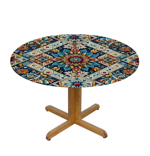 Ulloord Round Tablecloth Fitted Table Cover with Elastic Edged Mexican Ceramictile Vibrant Waterproof Table Cloth for Party Kitchen Dining Indoor Outdoor Table